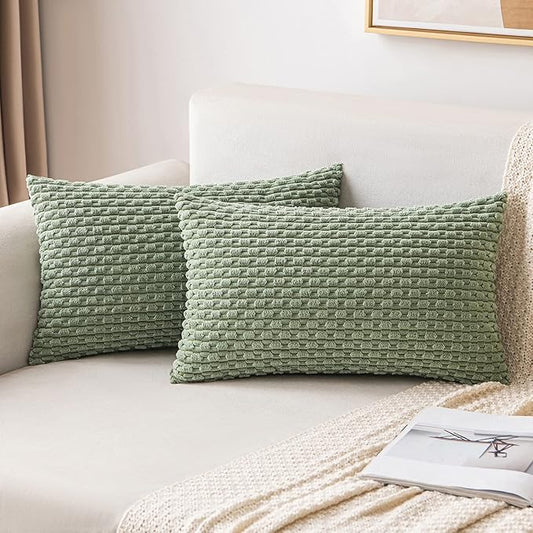 MIULEE Throw Pillow Covers Soft Corduroy Decorative Set of 2 Boho Striped Pillow Covers Pillowcases Farmhouse Home Decor for Couch Bed Sofa Living Room Spring 12x20 Inch Sage Green