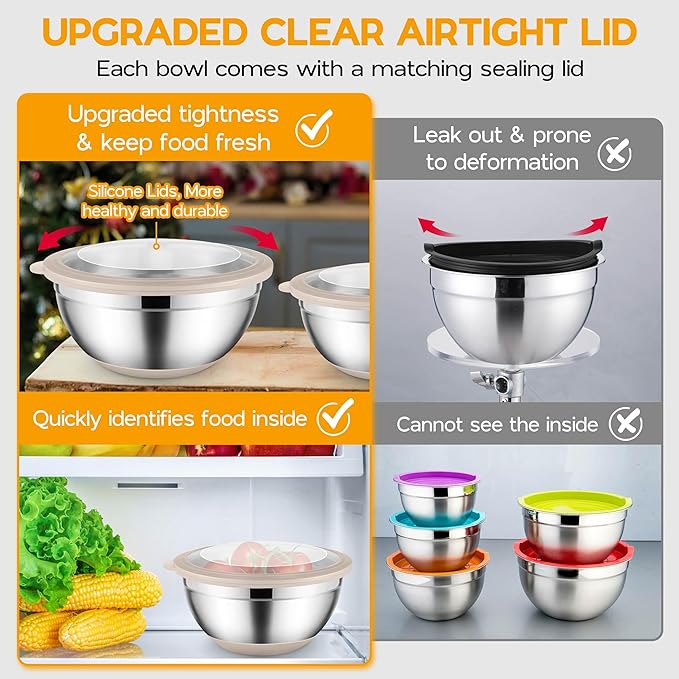 Mixing Bowls with Lids Set of 6, Large Metal Nesting Mixing Bowls, Stainless Steel Non-Slip Salad Bowl Khaki – Size 1, 1.5, 2, 2.6, 3.5, 7QT