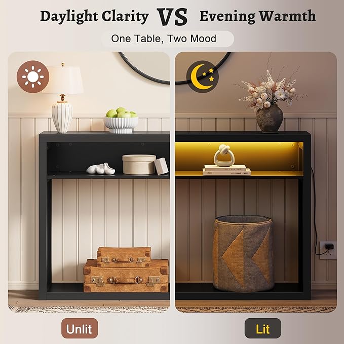 FAVOOSTY 47.2" Farmhouse Console Table with Storage, Entryway Console Table with Led Light, 2-Tier Entryway Table Sofa Table Behind Couch Table Hallway Stand for Living Room,Foyer,Entrance Black