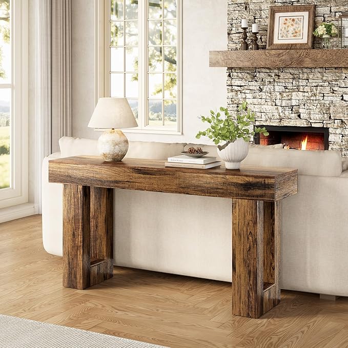 LITTLE TREE 63-Inch Long Console Tables for Entryway, Large Sofa Table Behind Couch, Wooden Entry Foyer Hallway Table, Industrial Console Sofa Tables for Living Room, Rustic Brown