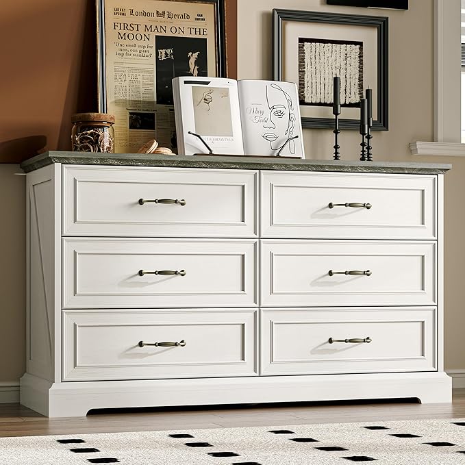 Farmhouse 6 Drawers Dresser for Bedroom, 48" Wide Modern Chest of Drawers with Deep Drawers & Bar Handles, Rustic Wood Dresser TV Stand, Wooden Closet Storage Organizer for Living Room, Hallway, White