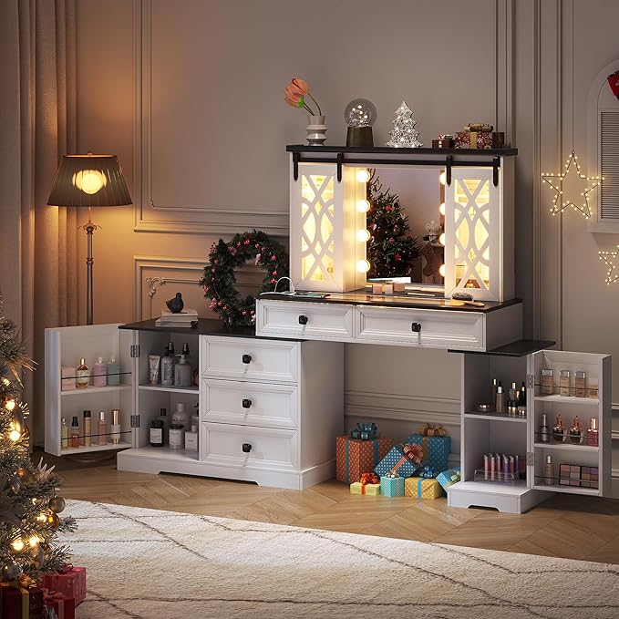 Farmhouse Makeup Vanity with Mirror & Lights, Large Vanity Desk with 5 Drawers & 9 Storage Shelves, Dressing Table with Jewelry Armoire, Vanity Gifts for Wife Girlfriends Women Lady Girl, White