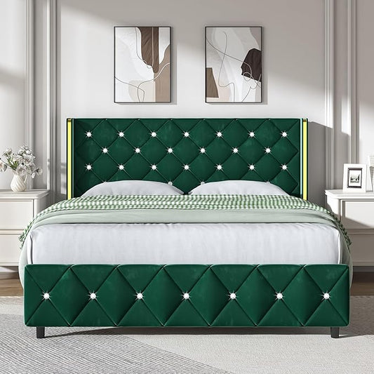 HOMBCK Full Bed Frame with Headboard, Velvet Upholstered Bed with Diamond Tufted Design, Mordern Bed Frame with Wingback and Wooden Slats Suppor, No Box Spring Required, Easy Assembly, Green