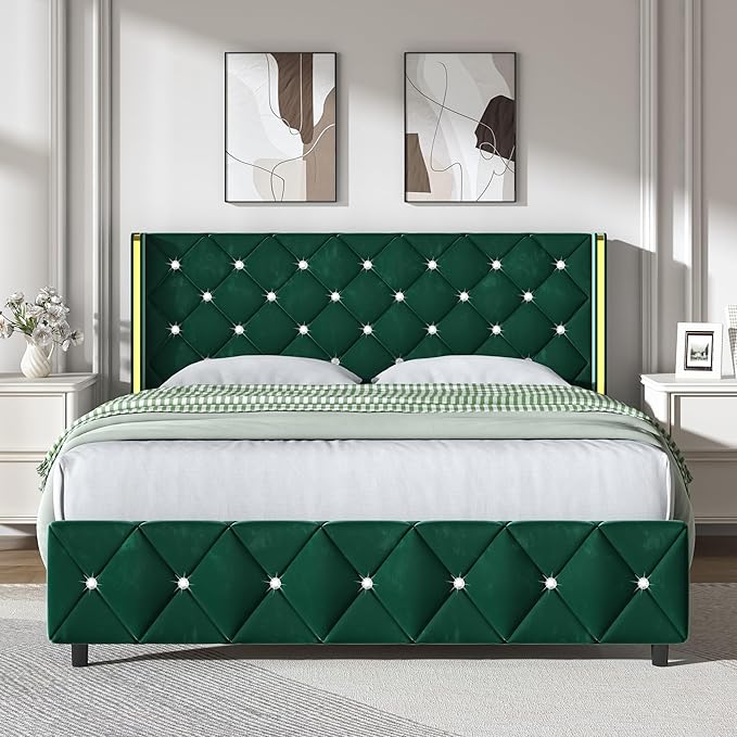 HOMBCK Queen Size Bed Frame, Velvet Upholstered Bed Frame with Wingback and Diamond Headboard, Wood Slat Support, No Box Spring Needed, Easy Assembly, Green