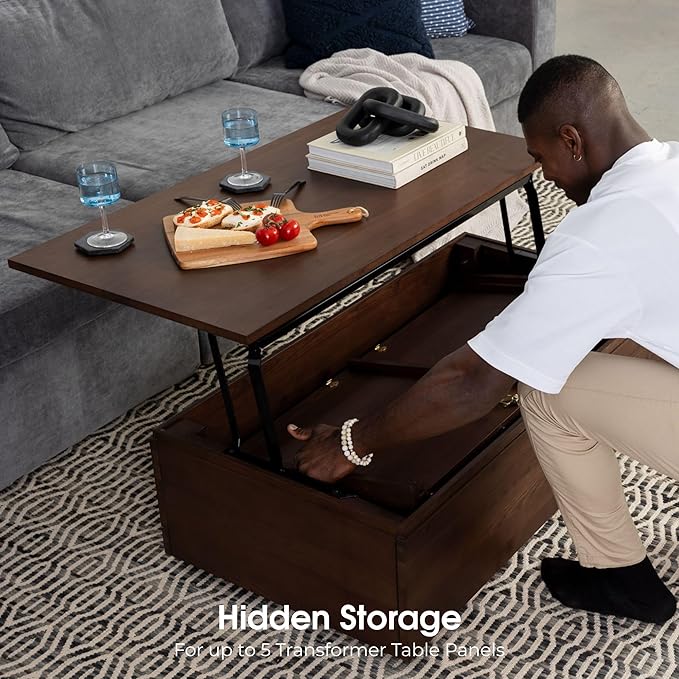 Transformer Table Lift Top Coffee Table with Storage, Modern Coffee Table for Living Room, Home Office & Dining, Space-Saving Small Coffee Desk with Panel Hidden Storage for Transformer Dining Table