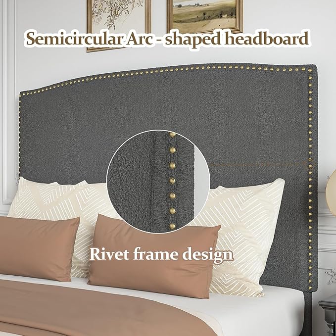 Queen Bed Frame, Queen Bed Frame with Upholstered Headboard, 56" Platform Bed with Nailhead Trim, Soft Boucle Fabric, No Box Spring Needed, Easy Assembly, Grey