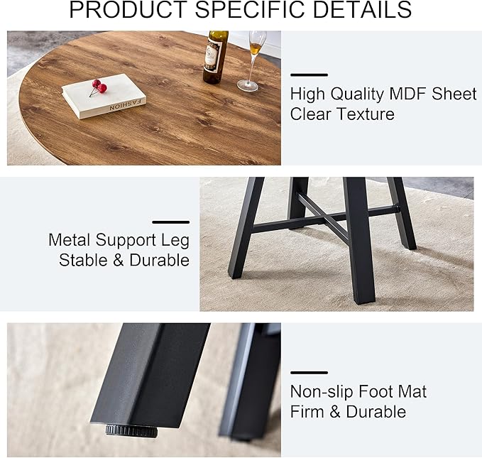 Round Dining Table Set for 4, Modern Kitchen Dining Table Chairs Set for 4,42" Wood Dining Room Table Set & Upholstered Brown PU Leather Chairs for Kitchen Living Office Cafe Small Space