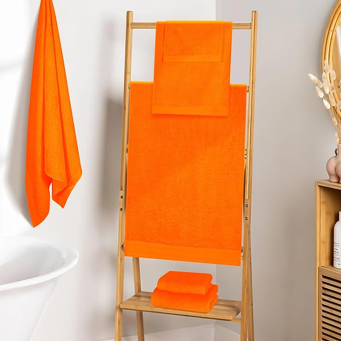 Ultra Soft 6 Pack Cotton Towel Set, Contains 2 Bath Towels 28x55 inch, 2 Hand Towels 16x24 inch & 2 Wash Coths 12x12 inch, Ideal Everyday use, Compact & Lightweight - Orange