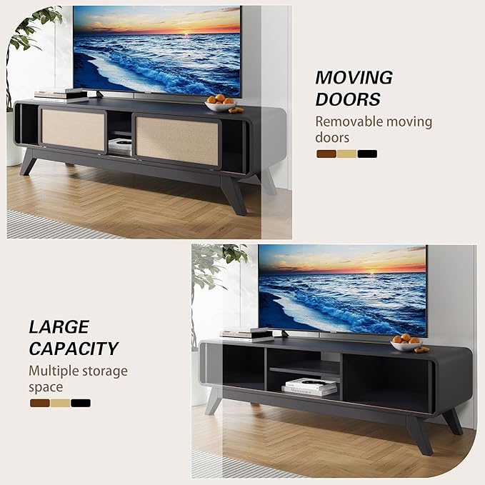 AVZEAR Farmhouse Black TV Stand for TVs up to 65'', Modern Entertainment Center with Storage, TV Cabinet TV Table with Nature Linen Doors, Media Console TV Consoles for Living Room Bedroom (Black)