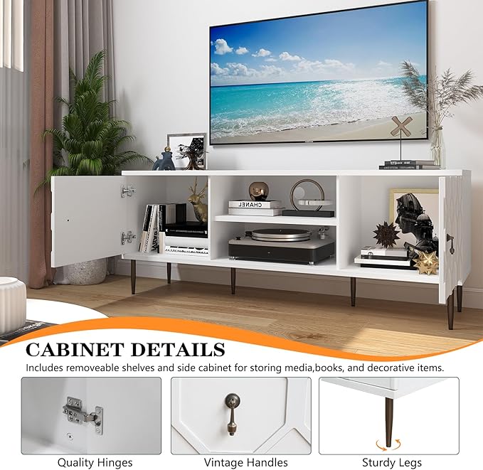 Modern TV Stand for 65/70inch TV, Entertainment Center with Storage Cabinet and Open Shelves, Embossed Pattern TV Stand, TV and Media Console for Living Room, Bedroom, White
