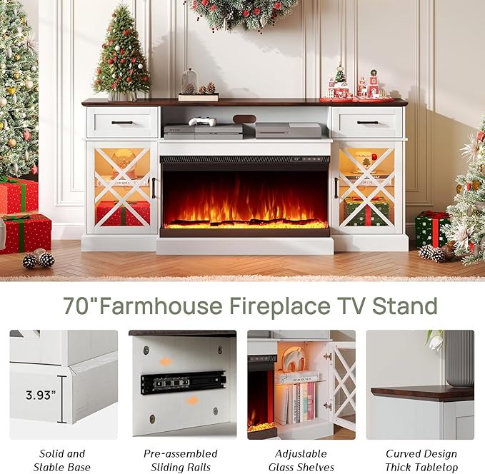 3-Sided Farmhouse LED Fireplace TV Stand, 70" Large Entertainment Center Glass Doors for TVs up to 80", Modern Wood Grain High-Gloss TV Storage Cabinet for Living Room, Antique White