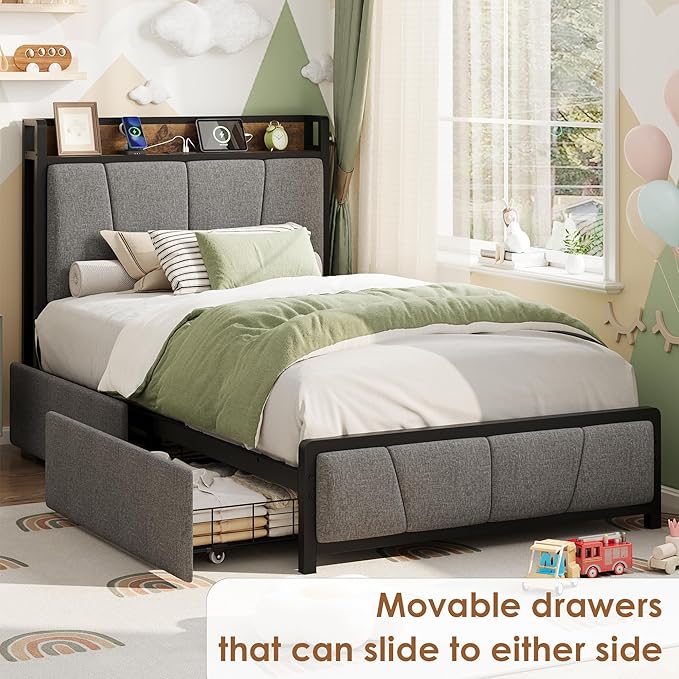 GarveeHome Twin-XL Size Bed Frame with 2 Storage Drawers and Charging Station, Rustic Linen Upholstered Platform Bedframe with Storage Headboard, No Box Spring Needed, Easy Assembly, Noise Free, Grey