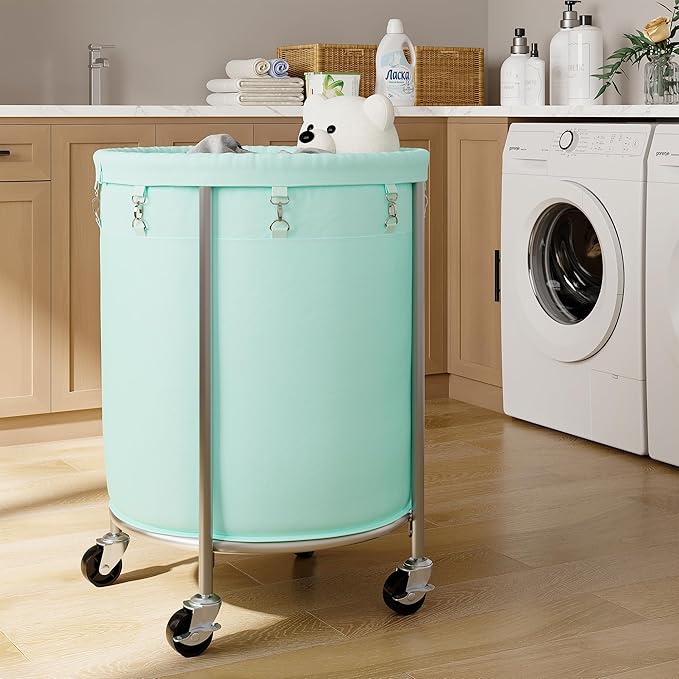 ELYKEN Laundry Basket with Wheels, 170L Rolling Laundry Hamper with Removable Bag and Steel Frame, Round Laundry Cart with 4 Casters and 2 Brakes, Ideal for Bedroom, Bathroom, Laundry Room, Mint Green