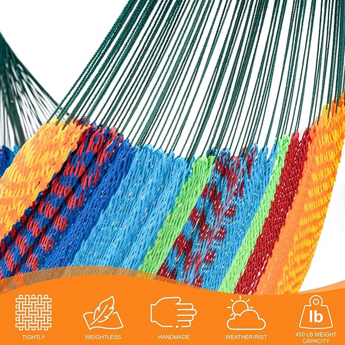 Lazy Daze Hammocks Handwoven Mayan Hammock, 10.5 FT Soft Rope Double Hammocks, Portable Outdoor Hammock with Carry Bag, 2 Straps & carabiners for Patio Outside, 550 lbs Weight Capacity, Multi Color