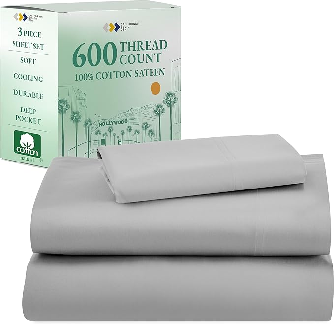 California Design Den Luxury Twin Sheet Set - 100% Cotton, 600 Thread Count Deep Pocket Twin Sheets, Soft Hotel-Quality Bedding with Sateen Weave - Light Grey