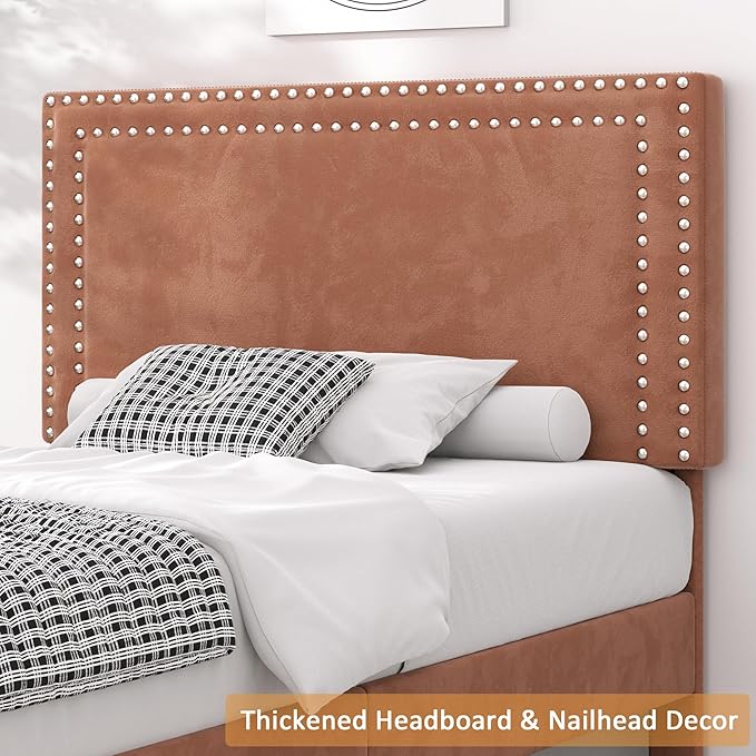 VECELO Twin Size Platform Bed Frame with Adjustable Upholstered Headboard, Strong Wood Slat Support, No Box Spring Needed, Easy Assembly