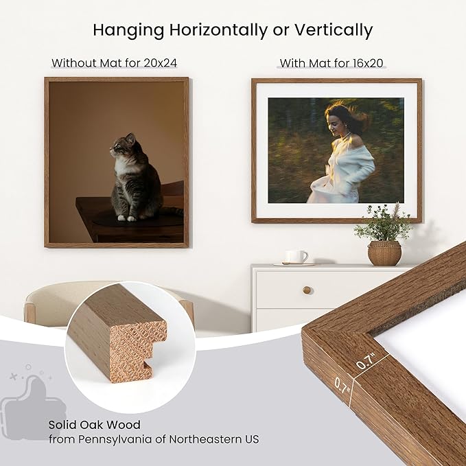 Axeman 20x24 Frame | Solid Oak Wood 20 x 24 Picture Frame With Mat for 16x20 | 24x20 Wood Poster Frame | Tempered Glass and Hanging Hardware Included Home Wall Decor Art Hanging Frame | Walnut