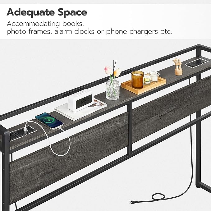 HOOBRO King Size Headboard, Headboard with 2 Outlets and 4 USB Ports, Adjustable Height, Storage Rack, Sturdy and Stable, Easy Assembly, Charcoal Gray and Black