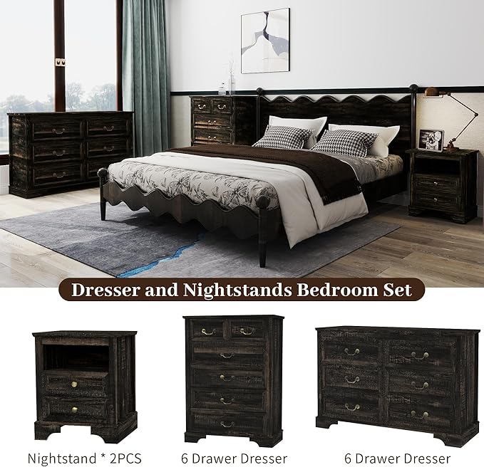 Farmhouse Bedroom Set, 3 Pieces Bedroom Furniture Set, Rustic Wood Tall 6 Drawer Dresser and Nightstands, Chest of Drawers Wide Storage Organizer Cabinet for Bedroom