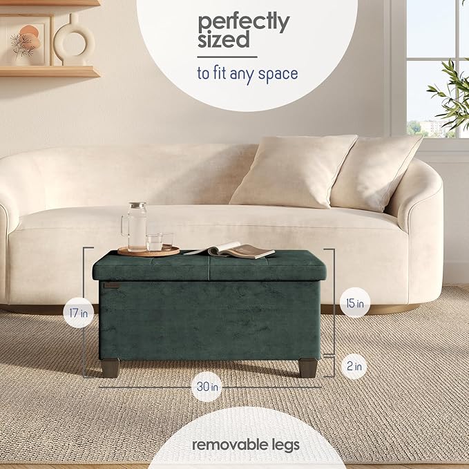 STORAGEBUD Storage Ottoman Bench with Bins, 30-in Storage Bench for Bedroom End of Bed, Folding Foot Rest Ottoman for Living Room Max 660lbs, Velvet Ottomans, Green