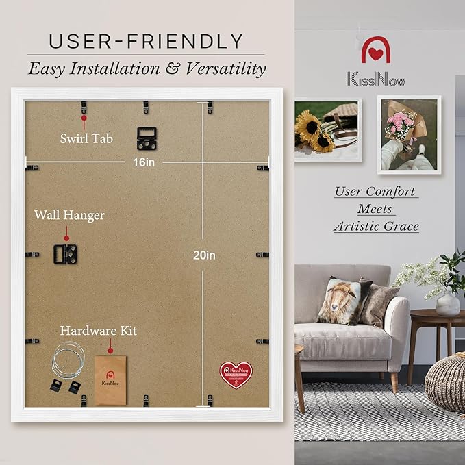 16x20 Picture Frame 4 Pack, Textured White Solid Wood, Wall Gallery Poster Frame