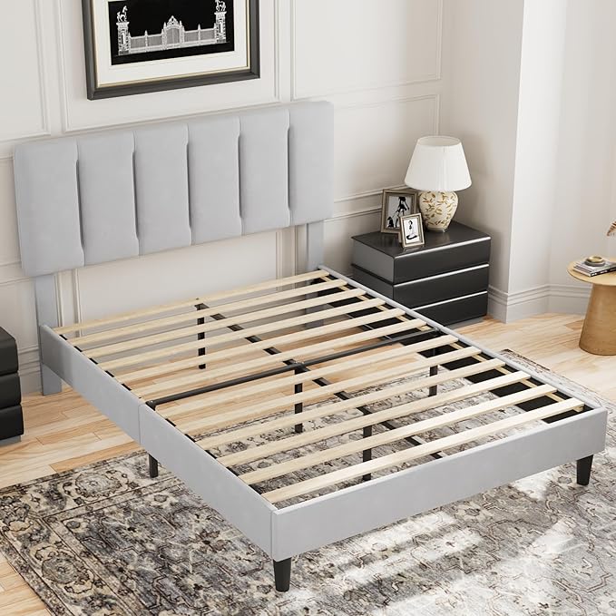 VECELO Queen Bed Frame with Upholstered Headboard, Heavy-Duty Platform Bedframe with Strong Wooden Slats Support, No Boxing Spring Needed, Light Grey
