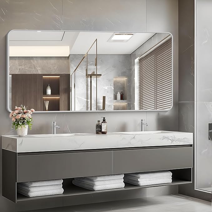 30x60 Inch Silver Bathroom Mirror, Large Rectangular Vanity Mirror, Metal Framed Rectangle Mirror, Rounded Corner Wall Mounted Mirrors for Living Room Bedroom Entryway Horizontal or Vertical