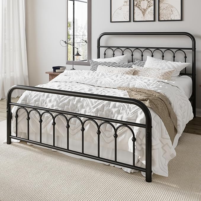 Allewie 14 Inches Queen Size Metal Platform Bed Frame with Victorian Style Curved Iron-Art Headboard/Footboard, Metal Slats Support, Easy Assembly, Under Bed Storage, No Box Spring Required, Black