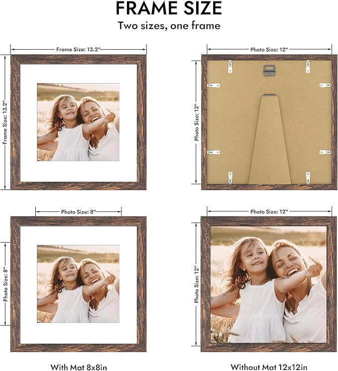 12x12 Picture Frame with Real Glass - 8x8 Wooden Frame with Mat, Horizontal and Vertical Display for Wall or Tabletop (Rustic Brown, 1 Pack)