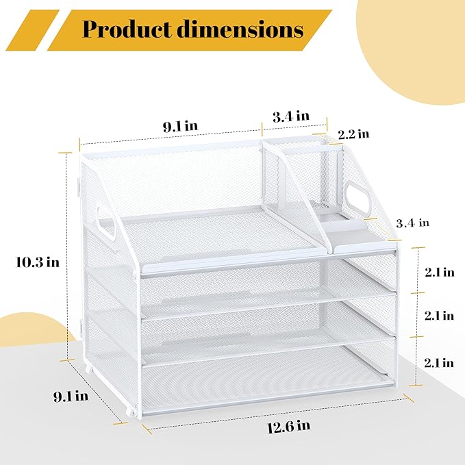 Letter Tray Paper, 4 Tier Desk Organizer with Pen Holder and Handle, Mesh File Organizer Paper Sorter Metal Desktop Document Shelf for Office Home Classroom - White