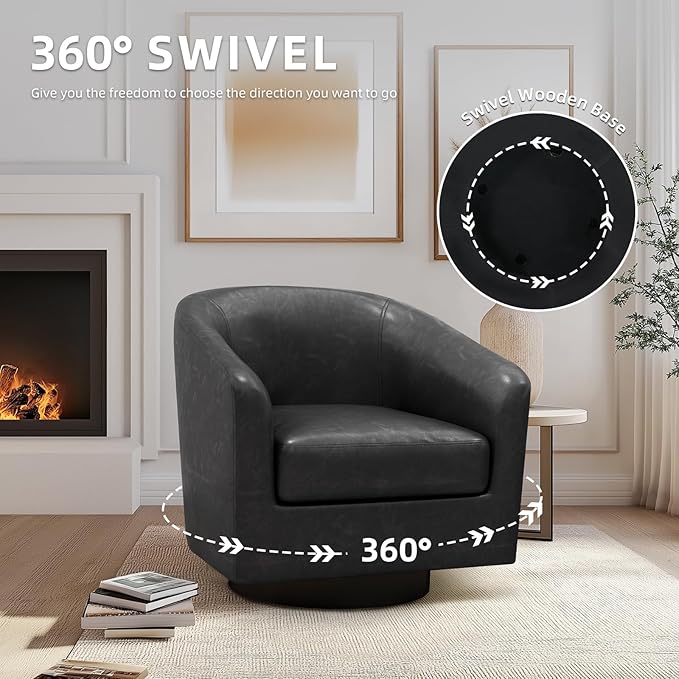 UIXE 360° Swivel Barrel Accent Chair Armchair, PU Leather Round Club Arm Chair for Lving Room, Modern Upholstered Small Bedroom Single Sofa Seat - Black, Set of 2