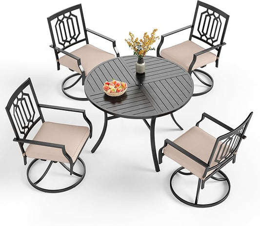 PHI VILLA 5 Pieces Outdoor Dining Set for 4, Round Metal Wrought Iron Table with Umbrella Hole & Swivel Metal Steel Chairs with Cushions, Large Modern Furniture for Patio, Deck, Backyard, Porch