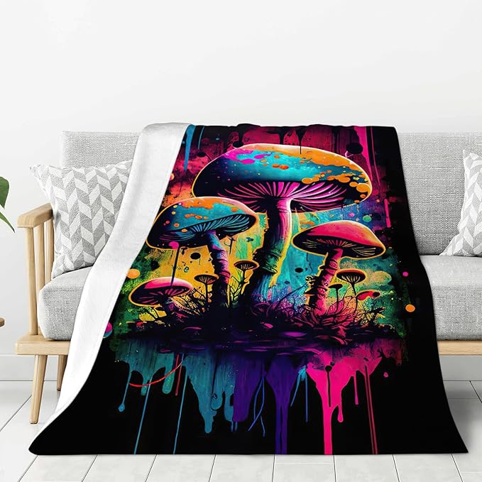 Mushroom Blanket Graffiti Throw Blankets Funky Mushroom Stuff Gifts for Men Women Boys Girls Adults Fleece Flannel Blanket Plush Bedding for Couch Sofa Bed Room Decor 40"X50"