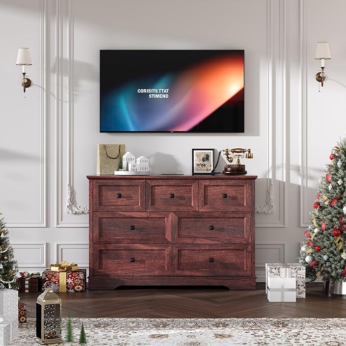 Farmhouse 7 Drawers Dresser for Bedroom with Charging Station, Rustic 7 Chest of Drawers, Wood Dressers for Closet, Modern Storage Organizer Cabinet for Living Room,Hallway & Entryway, Cherry Red