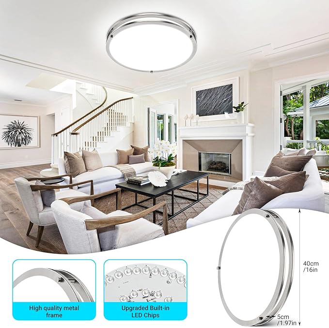 libtit 16Inch Flush Mount Ceiling Lights with Remote, 36W Dimmable LED Ceiling Light 3000K-6500K Adjustable, Large & Bright Brushed Nickel Light Fixture for Kitchen Bedroom LivingRoom -2Pack
