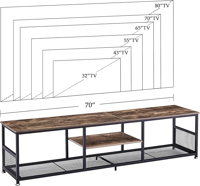 VECELO Industrial TV Stand for Televisions up to 80 Inch, 70" Entertainment Center with Open Storage Shelves for Living Room/Bedroom, 3 Tiers Media Console Table with Metal Frame, Brown, 70 Inches