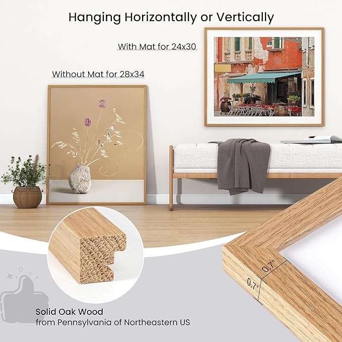 Axeman 28x34 Frame | Solid Oak Wood 28x34 Poster Frame With Mat for 24x30 | 34x28 Wood Picture Frame | Tempered Glass and Hanging Hardware Included Home Wall Decor Art Hanging Frame | Natural