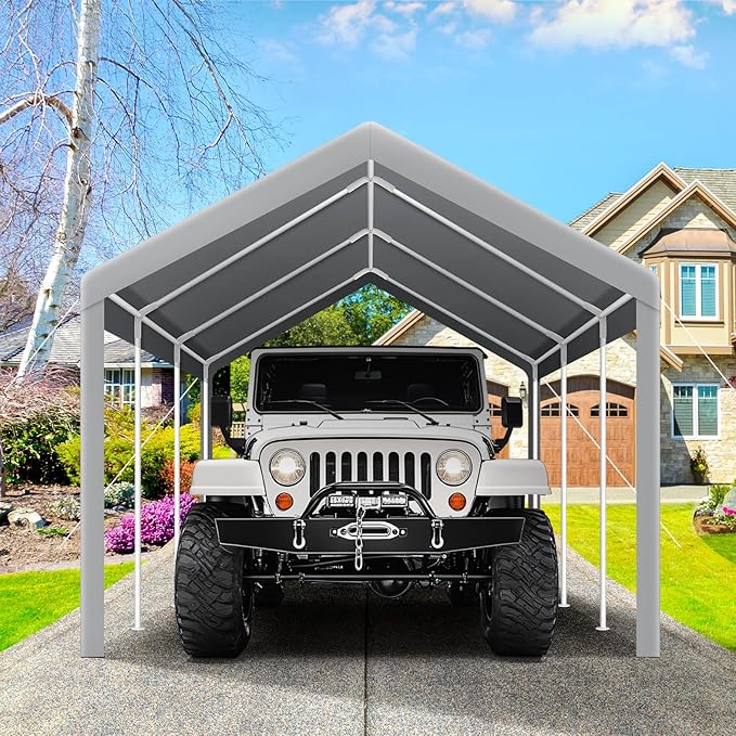 COBIZI Carports 10x20 Heavy Duty Car Tent Garage, Galvanized Frame Car Canopy Outdoor Shelter Waterproof & UV Protected with Windproof Ropes & Built-in Sandbags for Car Truck Boat, Gray