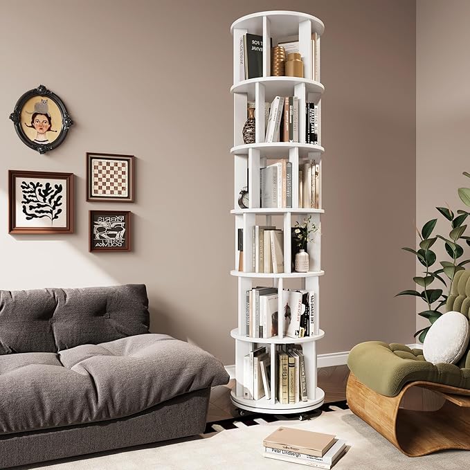 6 Tier Bookshelf Tower, 360° Solid Wood Spinning Bookcase with Swivel Wheels, Floor Standing Book Shelf for Small Space, Bookshelf for Home Office Study Room Bedroom Living Room