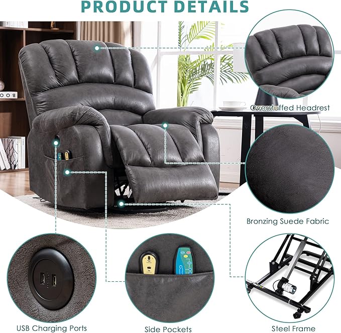 MEETWARM Large Power Lift Electric Recliner Chair with Massage and Heat, Overstuffed Wide Recliner with 2 Remote Controls for Elderly Big People, Heavy Duty Recliners, USB Ports, Side Pockets(Gray)