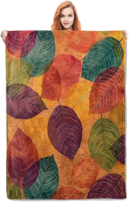 Colorful Leaf Blanket Gifts for Women Girls Adults Kids Soft Warm Lightweight Cozy Autumn Foliages Throw Blankets for Bed Sofa Couch Living Room Decor 50x40in