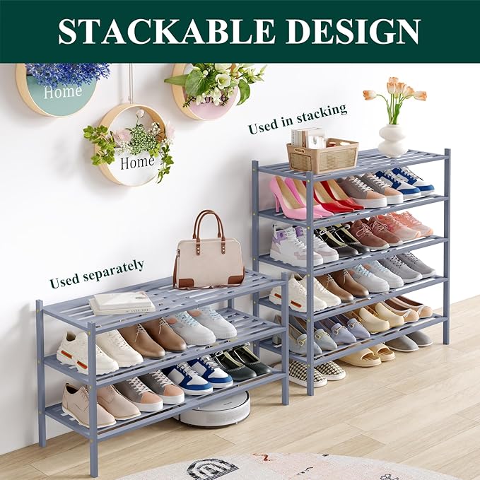 Smiry Long Bamboo Shoe Rack 5-Tier, Stackable Wooden Shoe Organizer for Entryway & Closet, Free Standing Wood Shoe Storage Shelf for Front Door & Small Spaces, Grey
