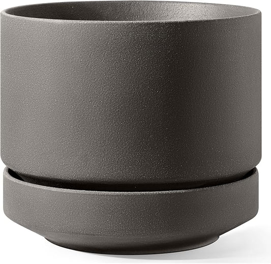 LE TAUCI 14 Inch Large Plant Pot with Saucer, Ceramic Outdoor & Indoor Big Planter with Drainage Hole, Mesh Pad & Plug Included, Unglazed Porous, Modern for Home and Patio, Charcoal Gray
