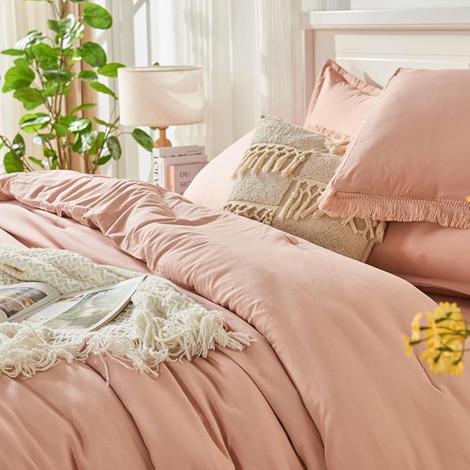 Andency Pink King Size Comforter Set with Sheets - 7 Pieces Boho Tassel Bed in a Bag Soft Lightweight Bedding Sets, Pink Fringe Bed Set with Comforter, Sheets, Pillowcases & Shams