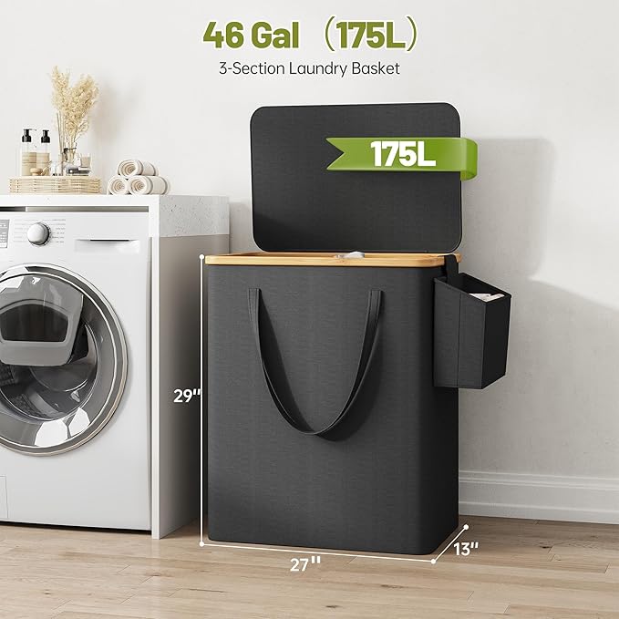 175L Laundry Hamper with Lid 3 Section, Extra Large Laundry Basket with 3 Removable Bags, 46 GAL Laundry Basket Organizer for Bedroom, Laundry Room, Dorm, Black