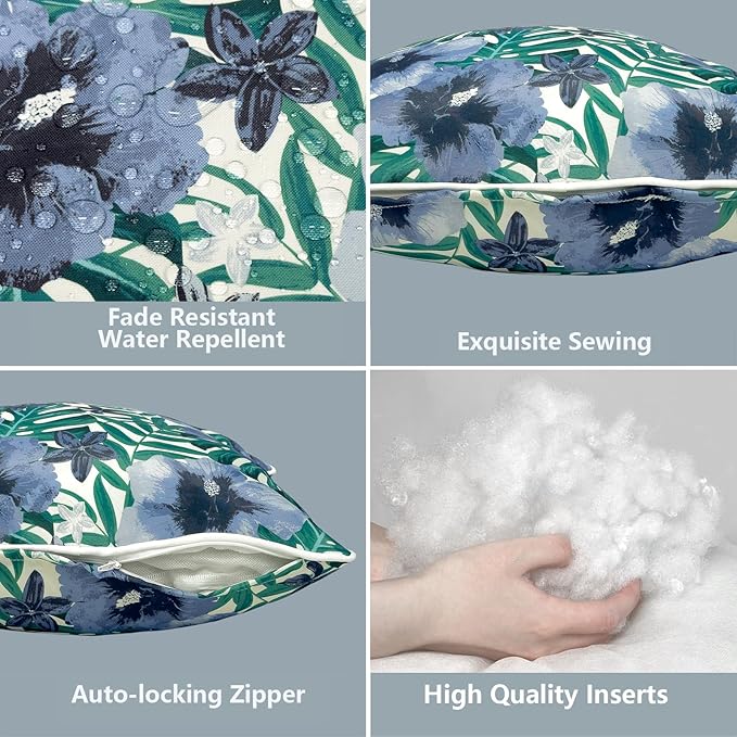 LVTXIII Set of 2 Outdoor Lumbar Pillows for Patio Furniture with White Piping, 12"x20" Fade Resistant Patio Lumbar Pillows with Inserts for Home Coach Sofa Use, Blue Salmone Tropical