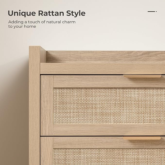 SICOTAS Dresser for Bedroom Chest of Drawers 46" Tall Dresser for Closet with 5 Rattan Drawers Boho Nightstands Set of 3 Large Clothes Storage Cabinet TV Stand for Living Room Hallway Nursery Entryway