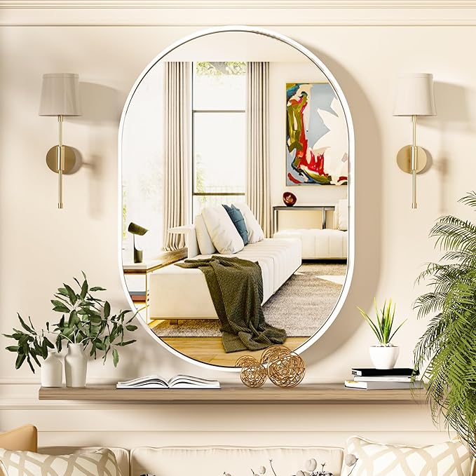 Suidia 20" x 30" Bathroom Mirror, Bathroom Vanity Mirror Metal Framed, Wall-Mounted Mirrors for Bedroom, Living Room, Entryway, Hallway, White, Oval Style