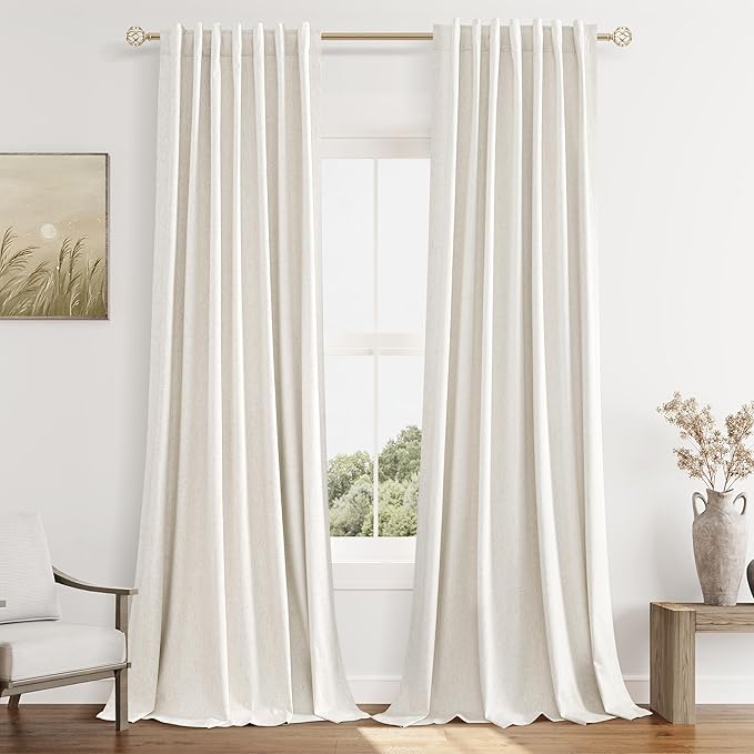 Guken Blackout Curtains 90 Inch Length 2 Panels Set for Living Room Bedroom Back Tab Thermal Insulated 100% Black Out Linen Drapes Room Darkening Window Curtains 90 Inches Long,Beige White
