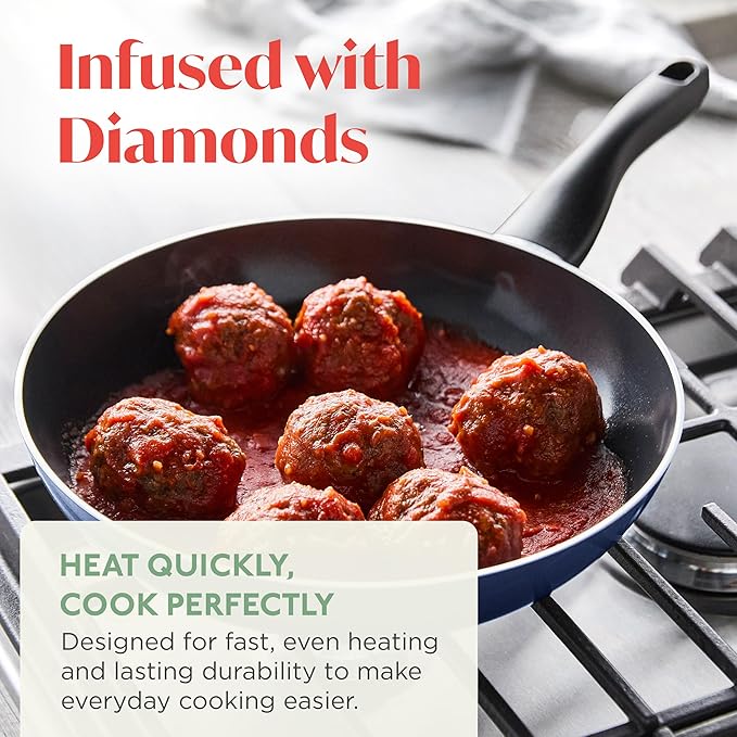 Deco 11” Nonstick Frying Pan Skillet, Made in Italy, Diamond Ceramic PFAS-Free, Dishwasher & Metal Utensil Safe, Durable Gloss Enamel Finish, Stay-Cool Handle, High Walls-Extra Room, Blue